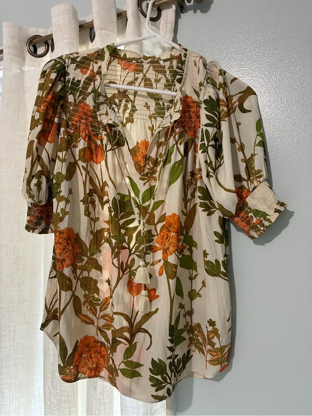 Smocked Floral Peasant Blouse in Cream with Orange & Green Print